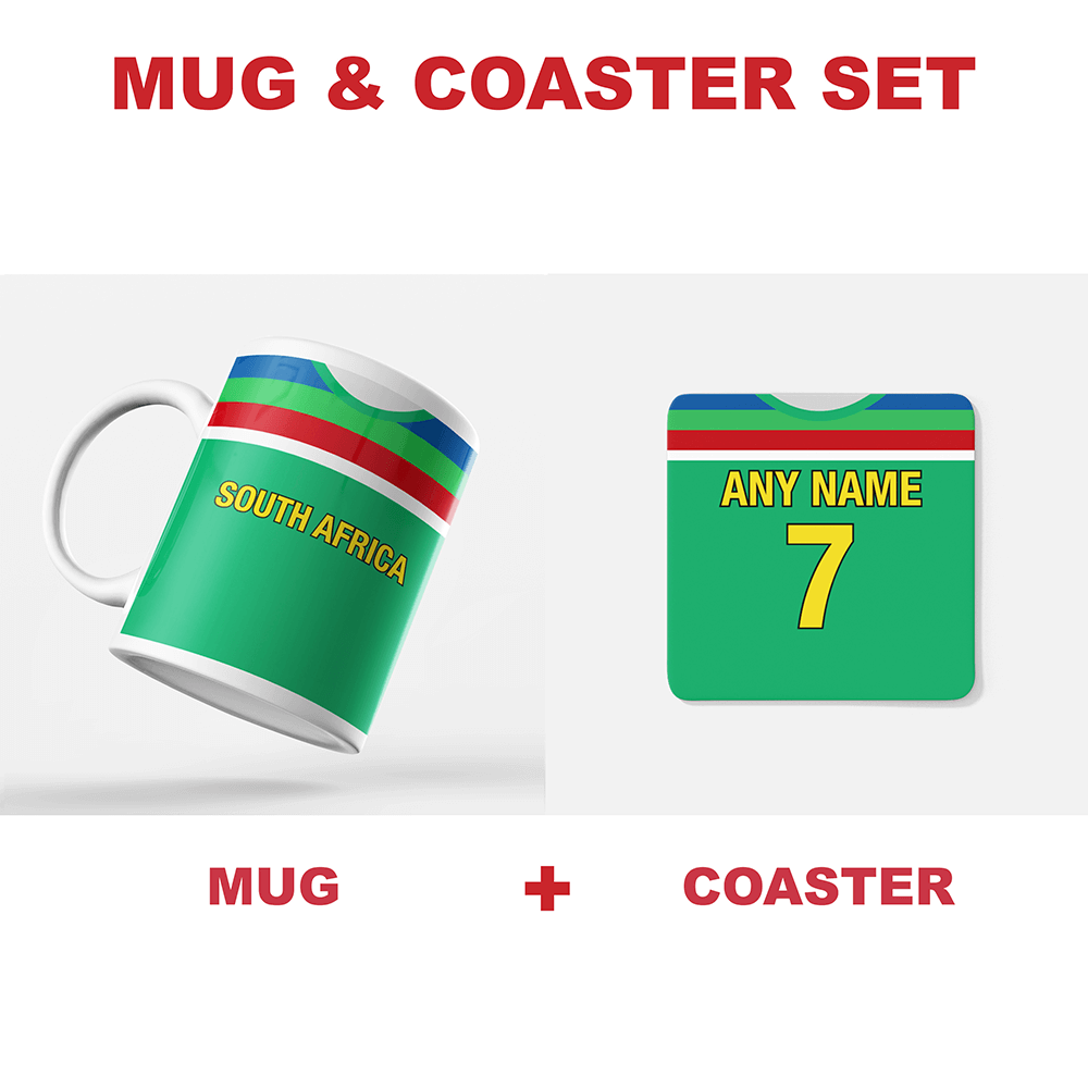 South Africa Retro Style Home Kit Shirt Inspired Colours for Personalised Football Coaster with optional Mug. Perfect item for the Proteas fan.