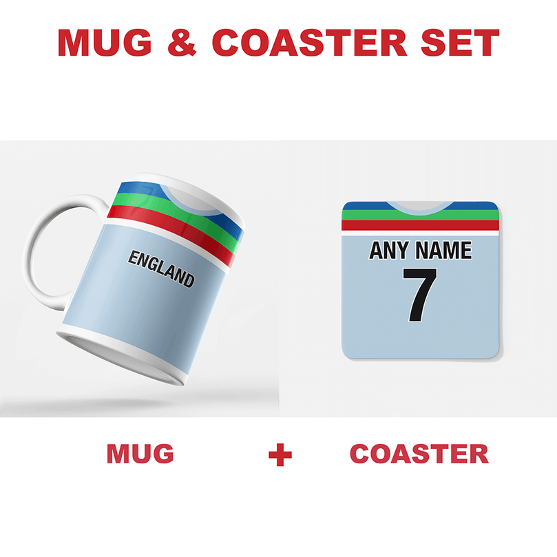 England Retro Style Home Kit Shirt Inspired Colours for Personalised Football Coaster with optional Mug. Perfect item for the England fan.