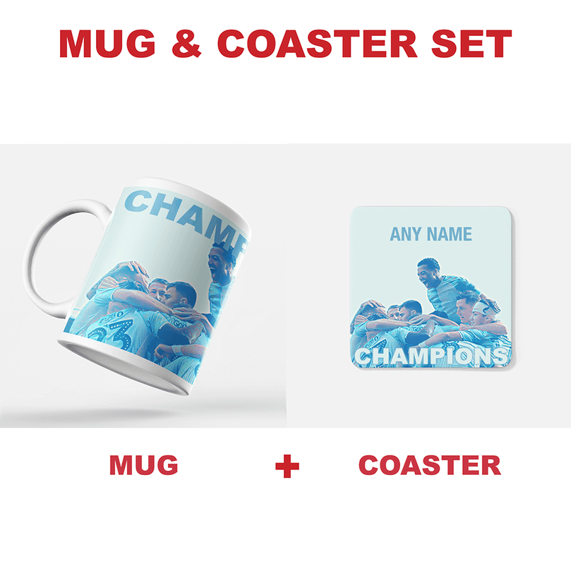 Coventry City 2019/2020 Champions Inspired Colours for Personalised Football Coaster with optional Mug. Perfect item for The Sky Blues fan.