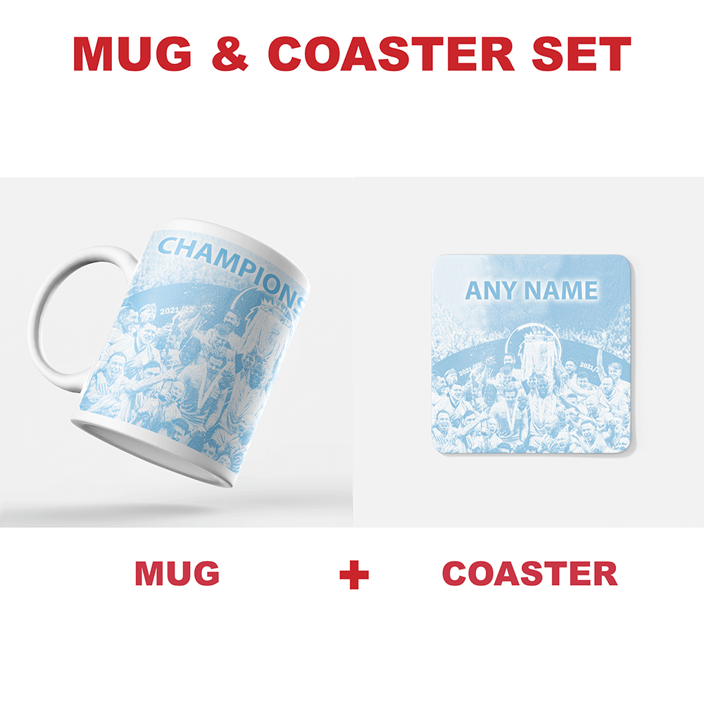 Manchester City 2021/2022 Champions Inspired 'Personalised' Football Coaster With Optional Mug Set
