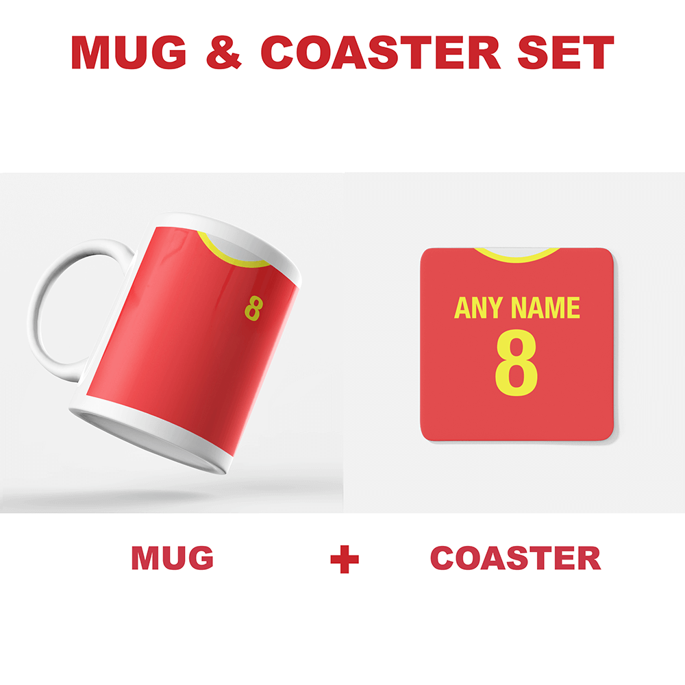 North Macedonia Retro Style Home Kit Shirt Inspired Colours for Personalised Football Coaster with optional Mug. Perfect item for The Red Lynx fan.