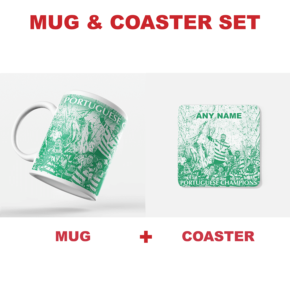 Sporting CP Lisbon 2020/2021 Portuguese Champions Inspired Personalised Football Coaster with optional Mug. Perfect item for the Leões fan.