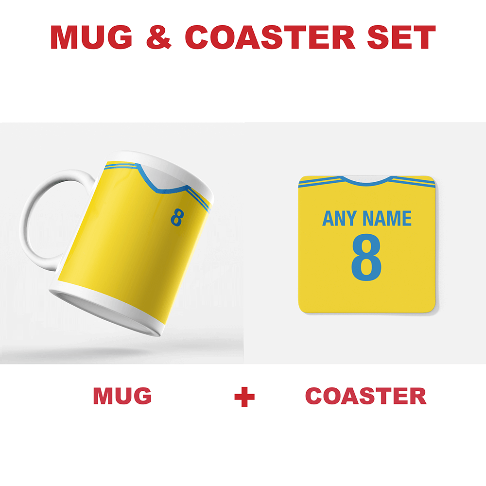 Ukraine Retro Style Home Kit Shirt Inspired Colours for Personalised Football Coaster with optional Mug. Perfect item for the Zbirna fan.