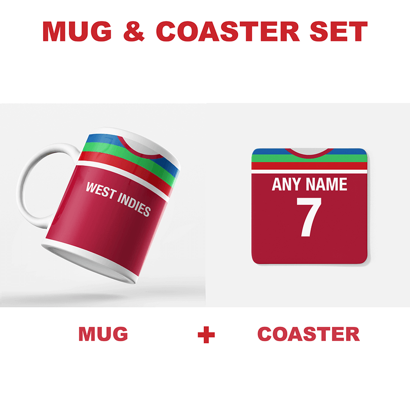 West Indies Retro Style Home Kit Shirt Inspired Colours for Personalised Football Coaster with optional Mug. Perfect item for the Windies fan.