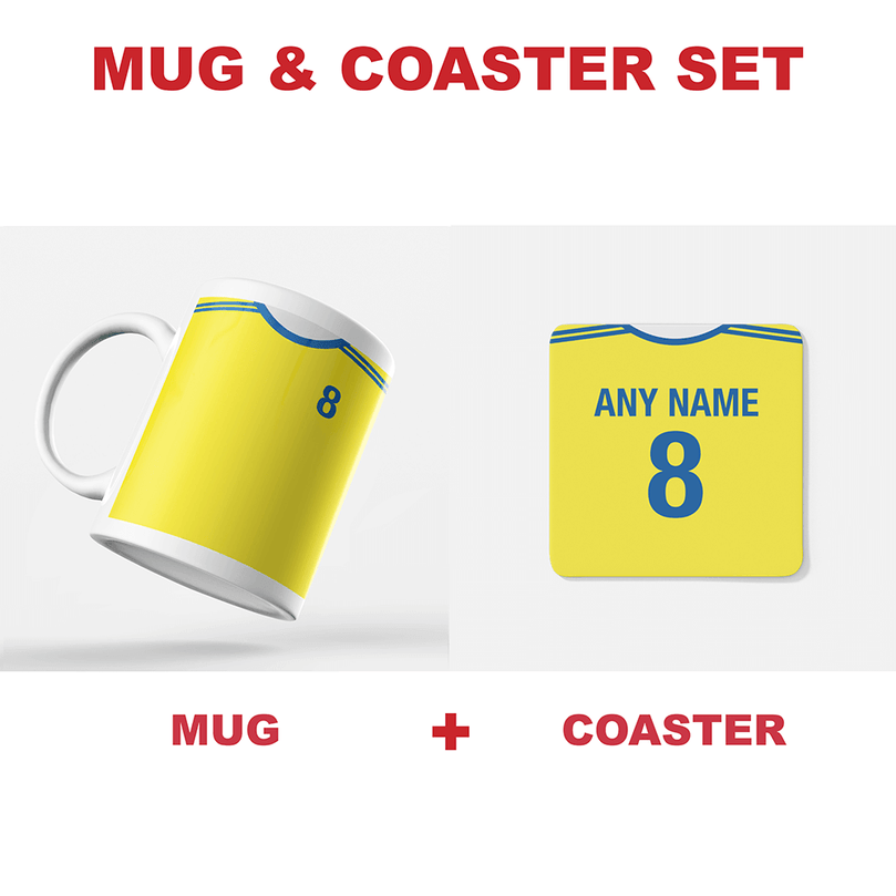 Sweden Retro Style Home Kit Shirt Inspired Colours for Personalised Football Coaster with optional Mug. Perfect item for the Blågult fan.