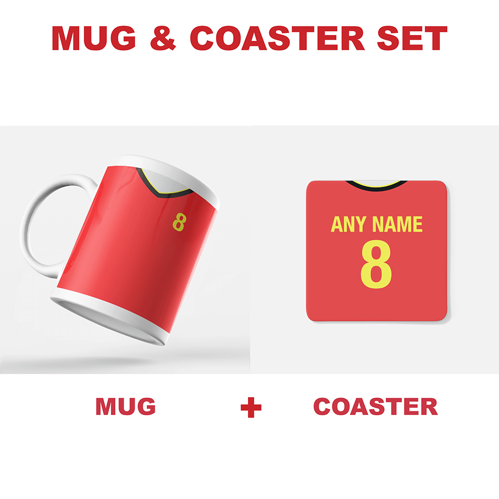 Belgium Retro Style Home Kit Shirt Inspired Colours for Personalised Football Coaster with optional Mug. Perfect item for the les Diables Rouges fan.