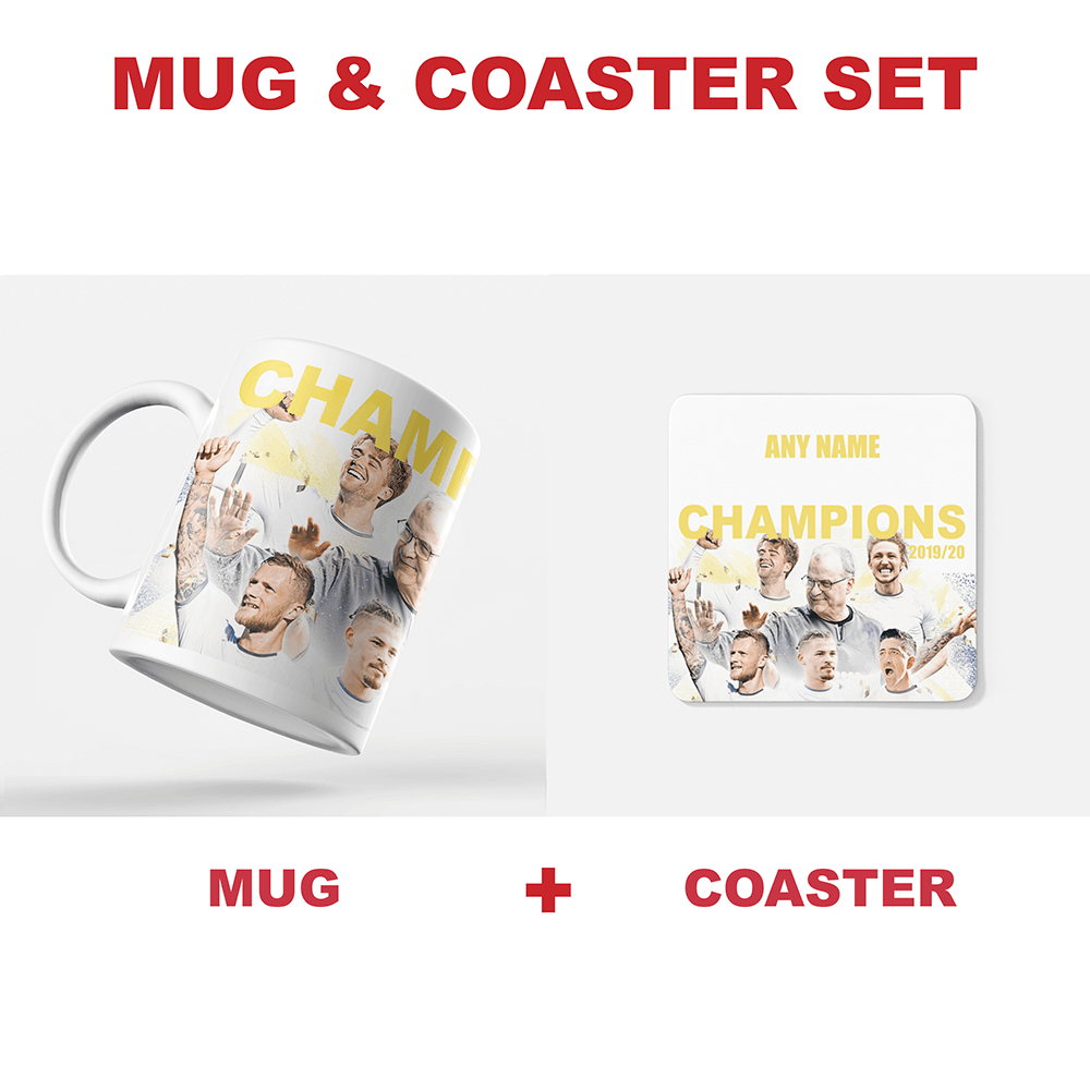Leeds 2019/2020 Champions Inspired Colours for Personalised Football Coaster with optional Mug. Perfect item for The Peacocks fan.
