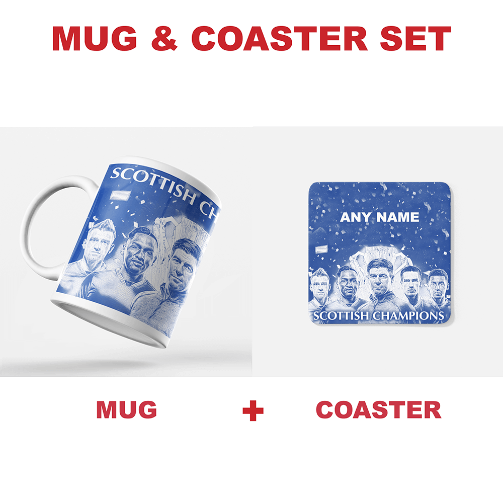 Rangers 2020/2021 Scottish Champions Inspired Personalised Football Coaster with optional Mug. Perfect item for The Teddy Bears fan.