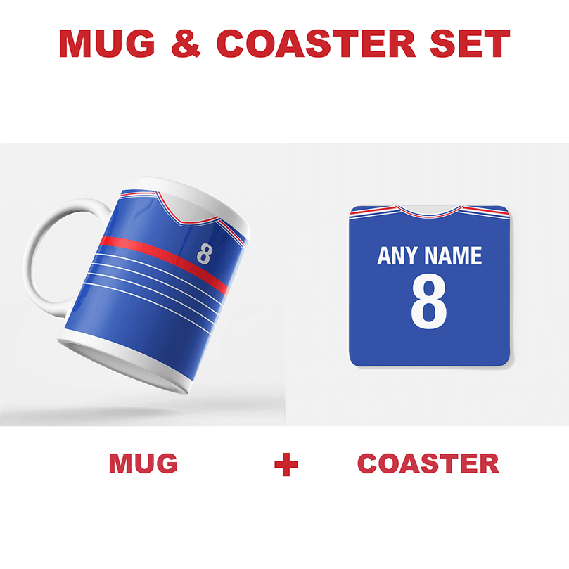 France Retro Style Home Kit Shirt Inspired Colours for Personalised Football Mug with optional Coaster.