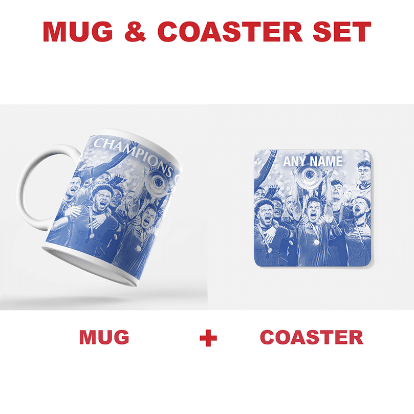 Chelsea 2020/2021 Champions of Europe Inspired Colours for Personalised Football Coaster with optional Mug. Perfect item for The Blues fan.