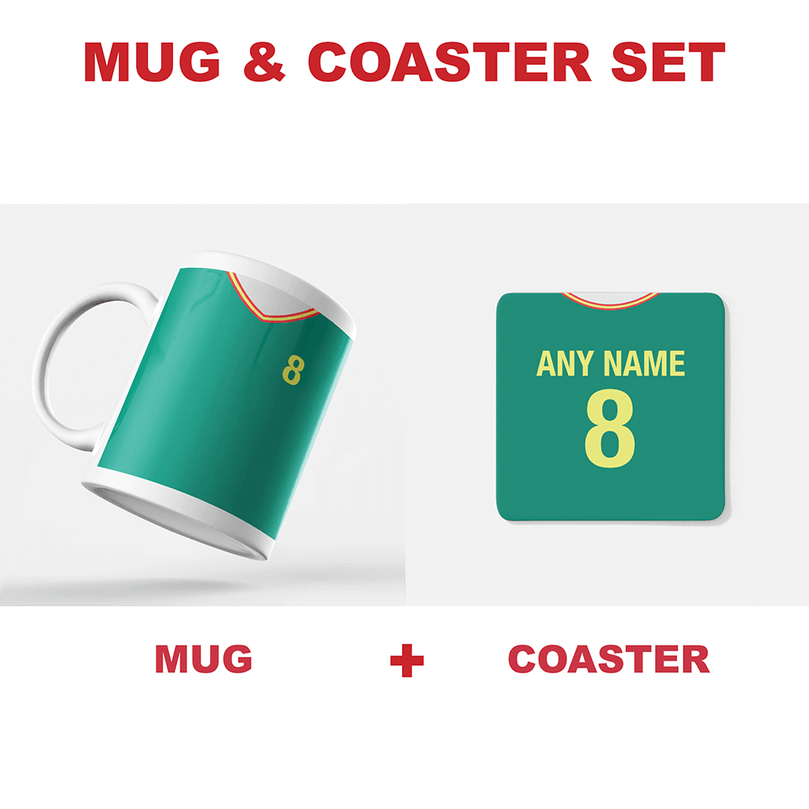 Senegal Retro Style Home Kit Shirt Inspired Colours for Personalised Football Mug with optional Coaster.