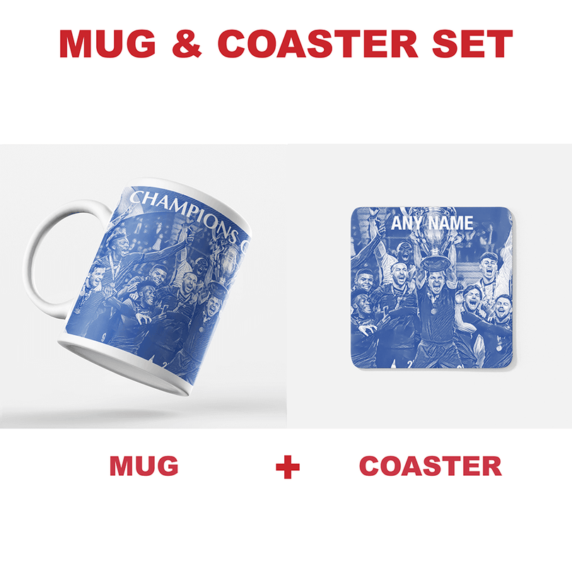 Chelsea 2020/2021 Champions of Europe Inspired Colours for Personalised Football Coaster with optional Mug. Perfect item for The Blues fan.