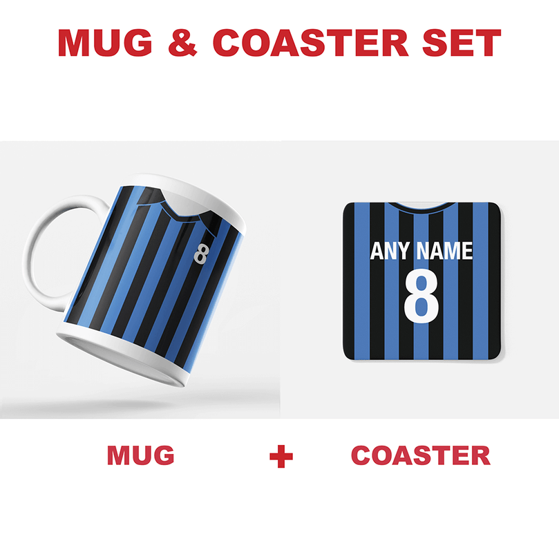 Inter Milan Retro Style Home Kit Shirt Inspired Colours for Personalised Football Mug with optional Coaster.