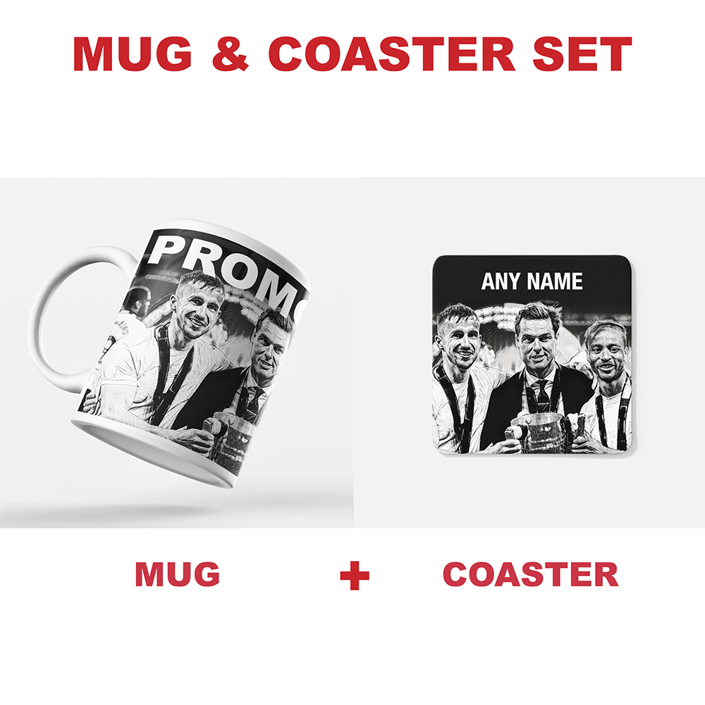 Fulham 2019/2020 Promoted Champions Inspired Colours for Personalised Football Coaster with optional Mug. Perfect item for The Cottagers fan.
