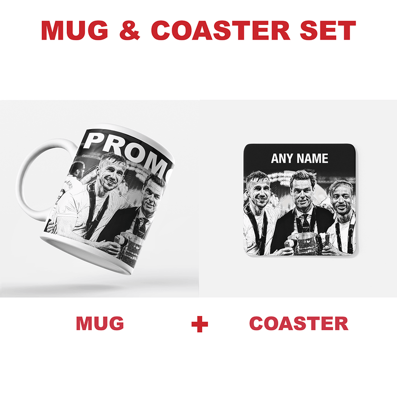 Fulham 2019/2020 Promoted Champions Inspired Colours for Personalised Football Coaster with optional Mug. Perfect item for The Cottagers fan.