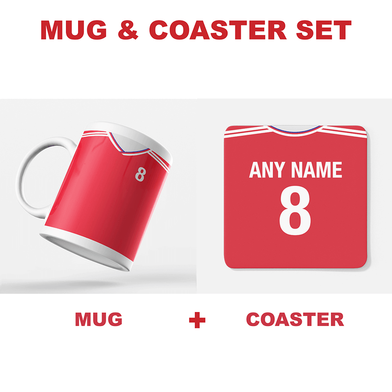 Arsenal Retro Style Home Kit Shirt Inspired Colours for Personalised Football Mug with optional Coaster.