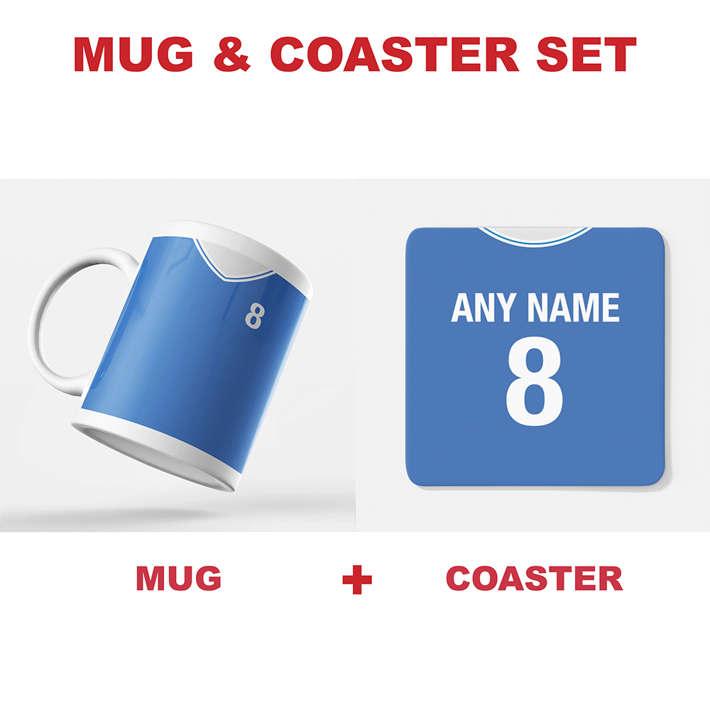 Cardiff City Retro Style Home Kit Shirt Inspired Colours for Personalised Football Coaster with optional Mug.