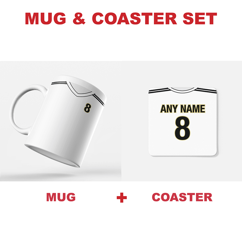 Real Madrid Retro Style Home Kit Shirt Inspired Colours for Personalised Football Mug with optional Coaster.