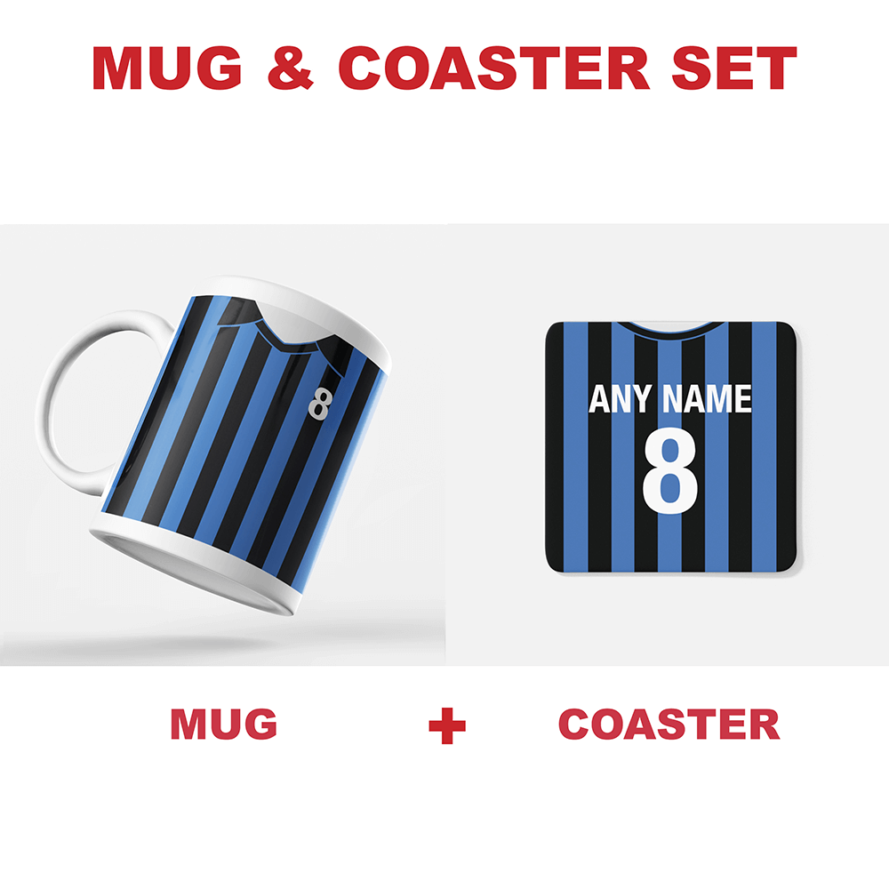 Inter Milan Retro Style Home Kit Shirt Inspired Colours for Personalised Football Coaster with optional Mug.