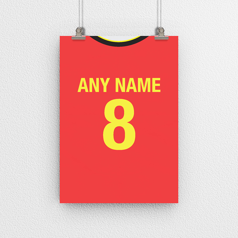 Belgium Retro Home Kit Shirt Inspired Colours for Personalised Football Poster Print. Perfect item for the les Diables Rouges fan.