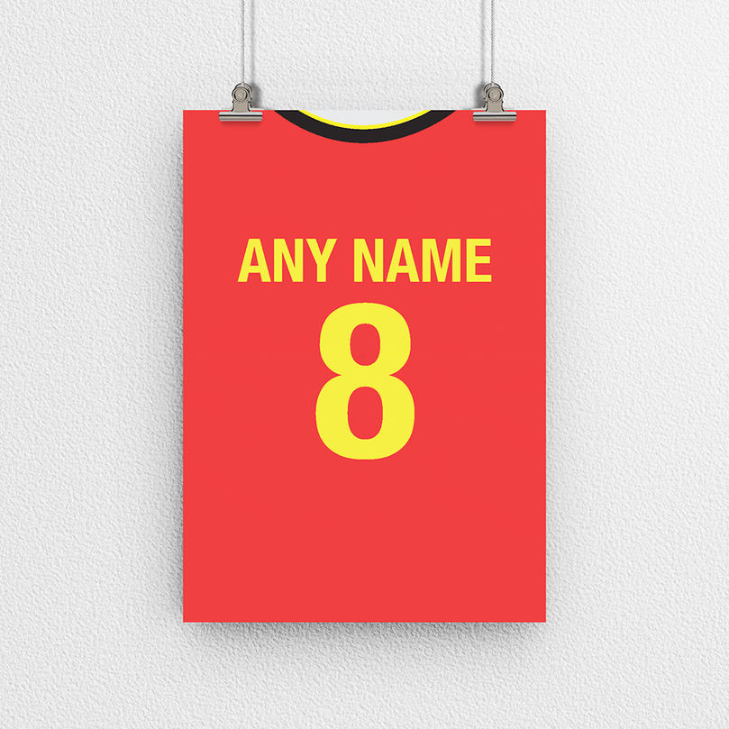 Belgium Retro Home Kit Shirt Inspired Colours for Personalised Football Poster Print. Perfect item for the les Diables Rouges fan.