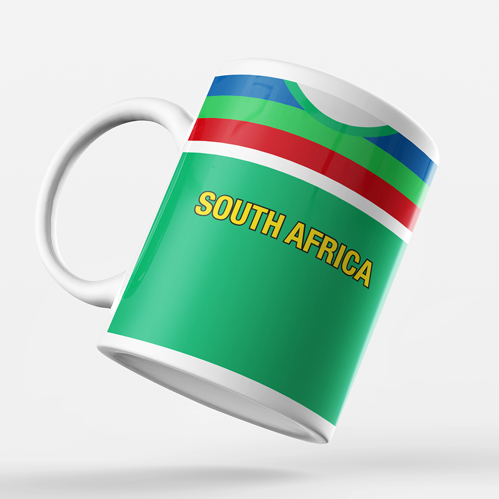 South Africa Retro Style Home Kit Shirt Inspired Colours for Personalised Football Mug with optional Coaster. Perfect item for the Proteas fan.