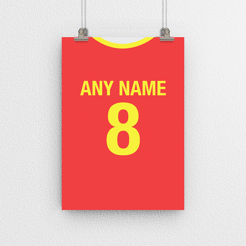 North Macedonia Retro Home Kit Shirt Inspired Colours for Personalised Football Poster Print. Perfect item for The Red Lynx fan.