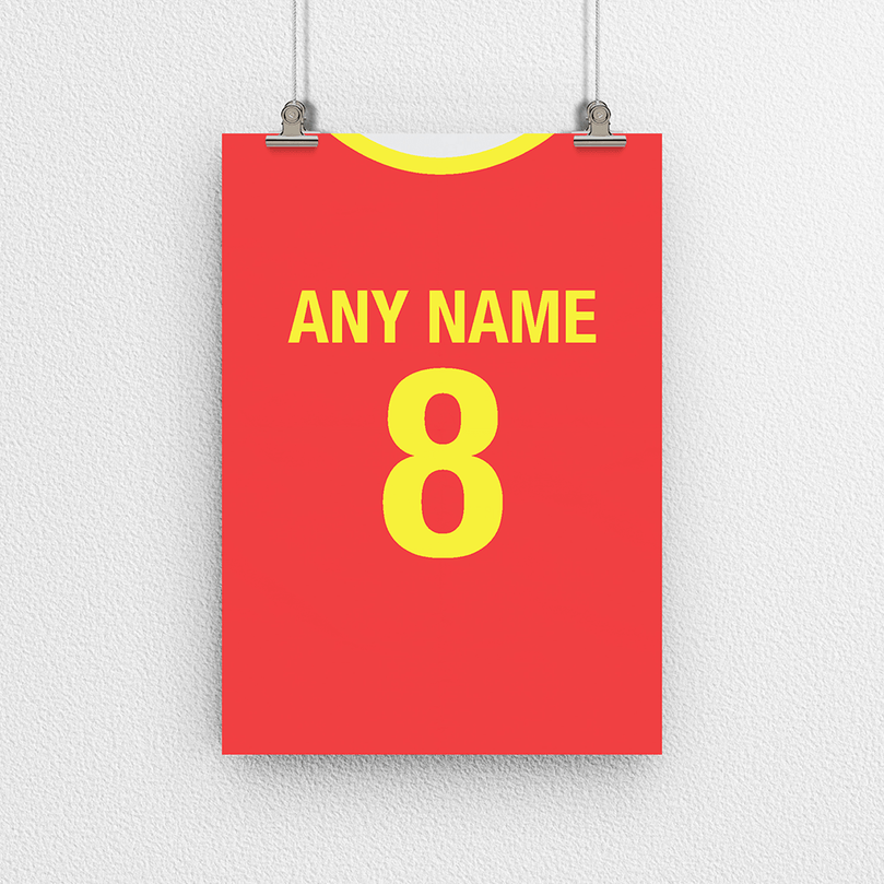 North Macedonia Retro Home Kit Shirt Inspired Colours for Personalised Football Poster Print. Perfect item for The Red Lynx fan.