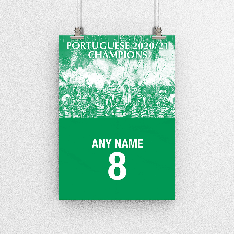 Sporting CP Lisbon 2020/2021 Portuguese Champions Inspired Retro Style Home Kit Colours 'Personalised' Football Poster Print.