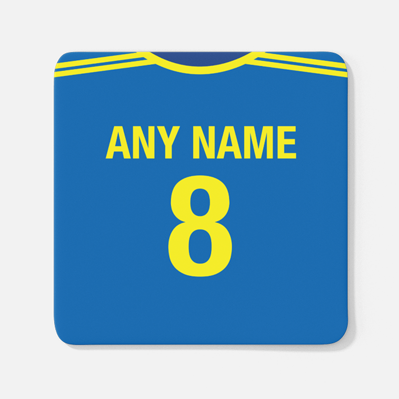 Bosnia & Herzegovina Retro Style Home Kit Shirt Inspired Colours for Personalised Football Coaster with optional Mug.
