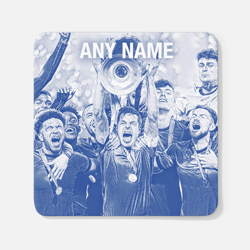 Chelsea 2020/2021 Champions of Europe Inspired Colours for Personalised Football Coaster with optional Mug. Perfect item for The Blues fan.