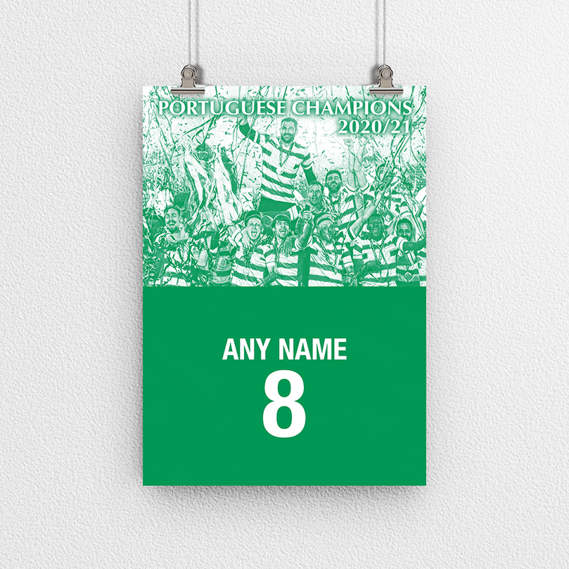 Sporting CP Lisbon 2020/2021 Portuguese Champions Inspired Retro Style Home Kit Colours 'Personalised' Football Poster Print.