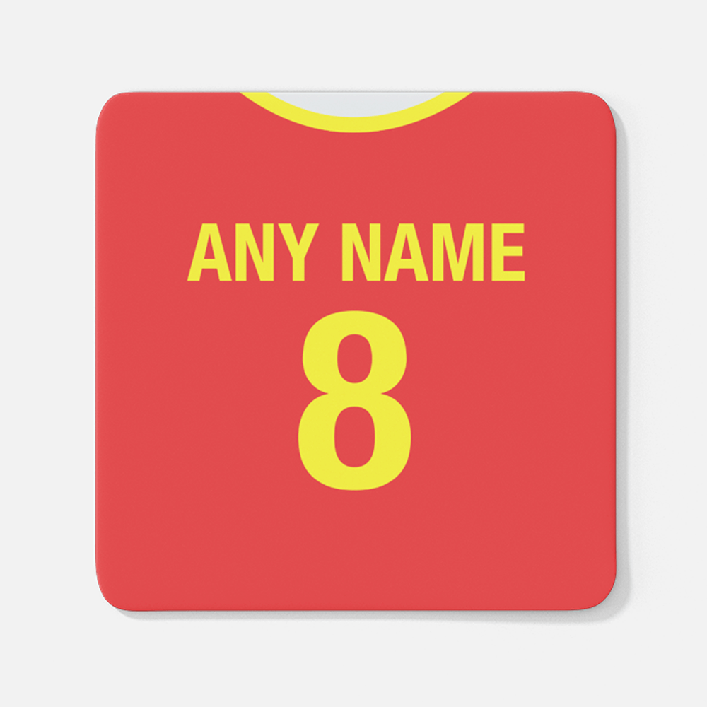 North Macedonia Retro Style Home Kit Shirt Inspired Colours for Personalised Football Coaster with optional Mug. Perfect item for The Red Lynx fan.