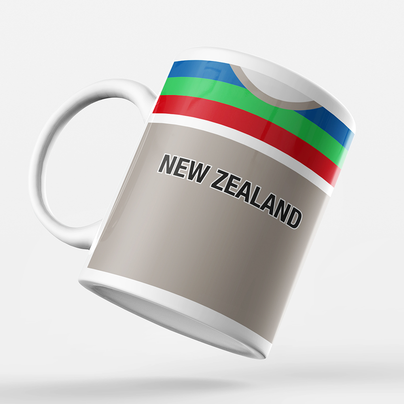 New Zealand Retro Style Home Kit Shirt Inspired Colours for Personalised Football Mug with optional Coaster. Perfect item for the Black Caps fan.