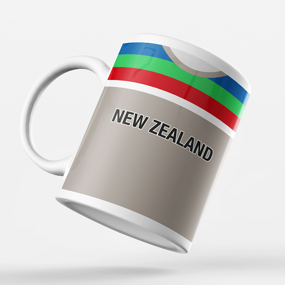New Zealand Retro Style Home Kit Shirt Inspired Colours for Personalised Football Mug with optional Coaster. Perfect item for the Black Caps fan.