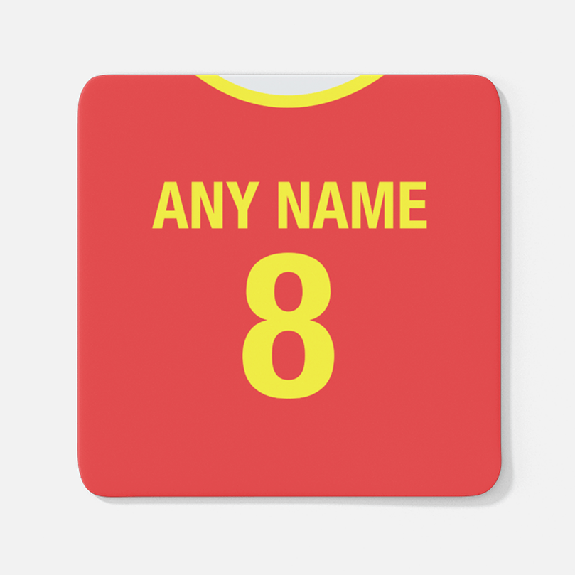 North Macedonia Retro Style Home Kit Shirt Inspired Colours for Personalised Football Coaster with optional Mug. Perfect item for The Red Lynx fan.