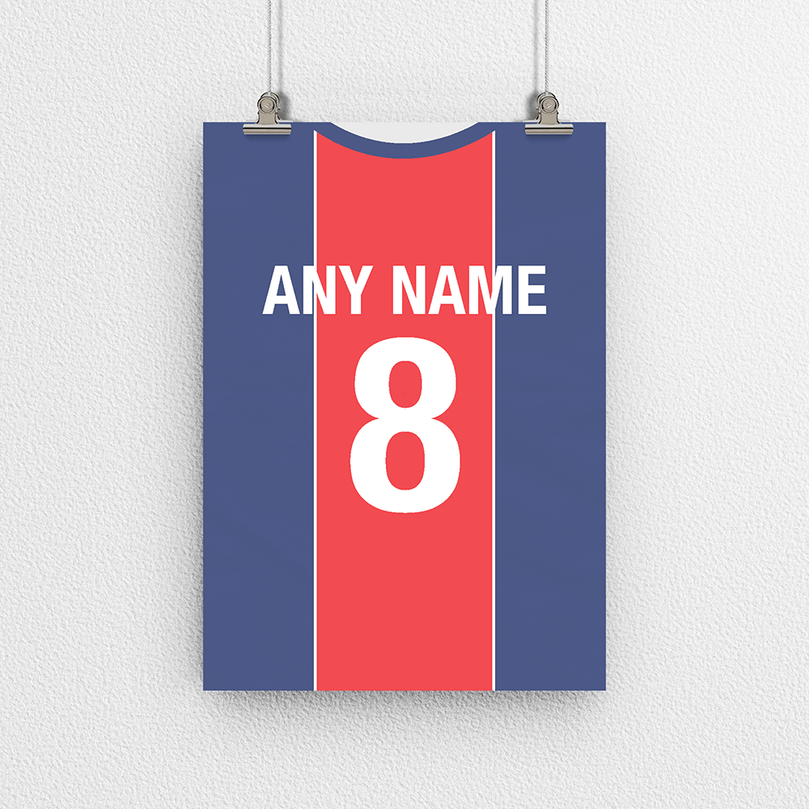 Paris Retro Home Kit Shirt Inspired Colours for Personalised Football Poster Print. Perfect item for Les Rouge-et-Bleu fan.