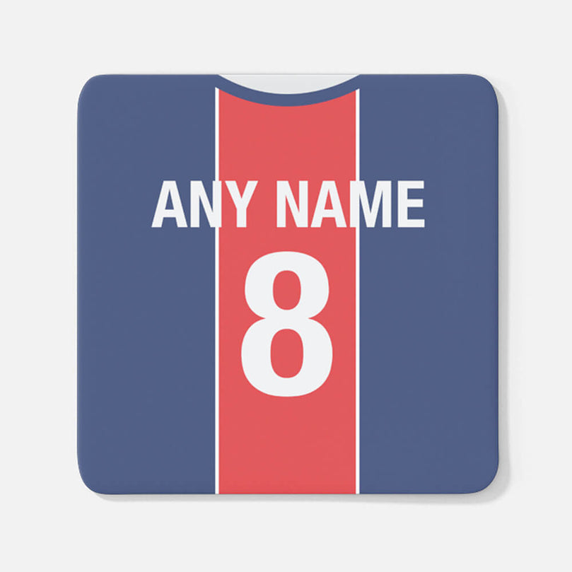Paris Retro Style Home Kit Shirt Inspired Colours for Personalised Football Coaster with optional Mug. Perfect item for Les Rouge-et-Bleu fan.