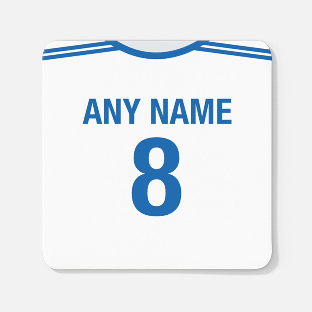 Finland Retro Style Home Kit Shirt Inspired Colours for Personalised Football Coaster with optional Mug. Perfect item for the Sinivalkoiset fan.