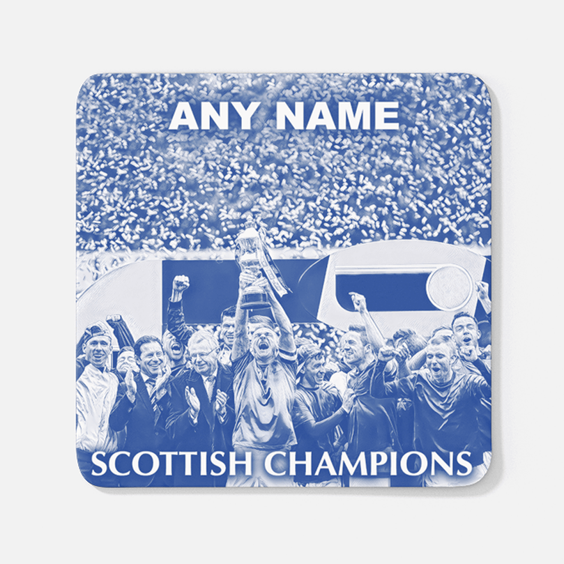 Rangers 2020/2021 Scottish Champions Inspired Personalised Football Coaster with optional Mug. Perfect item for The Teddy Bears fan.