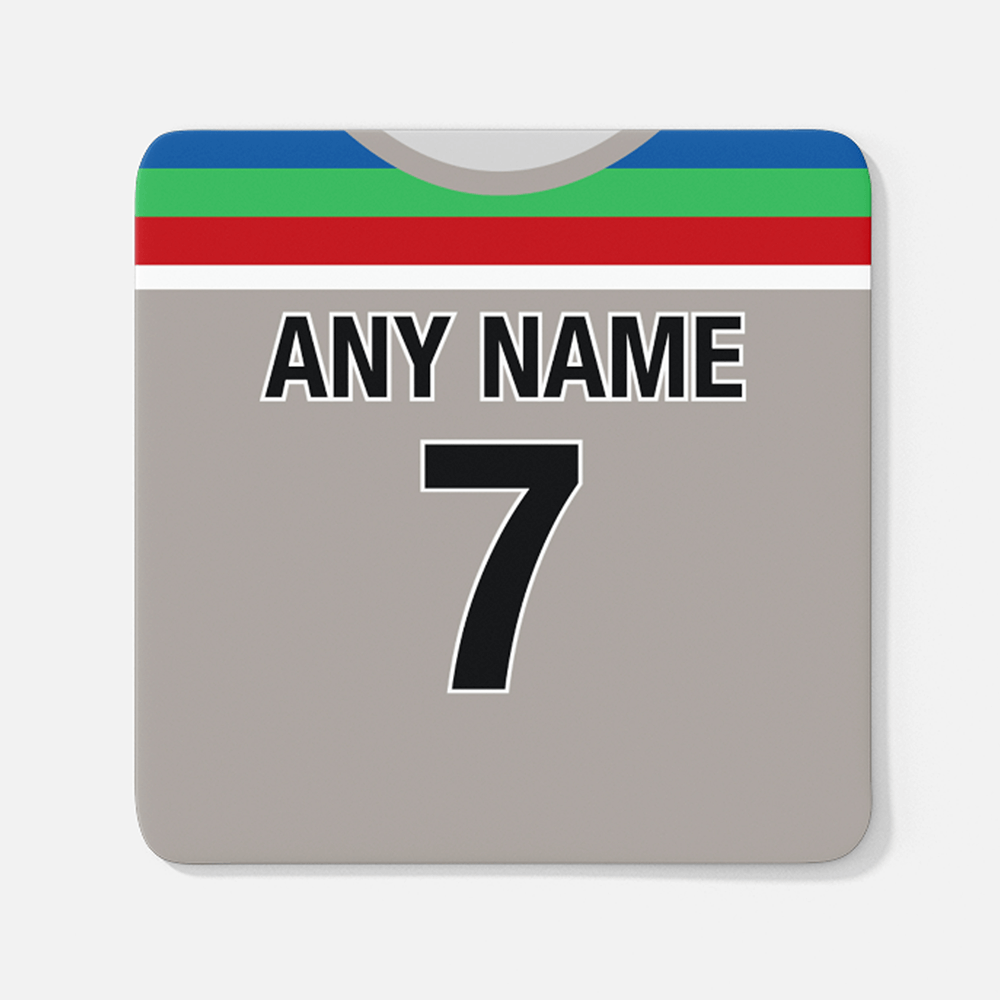 New Zealand Retro Style Home Kit Shirt Inspired Colours for Personalised Football Coaster with optional Mug. Perfect item for the Black Caps fan.