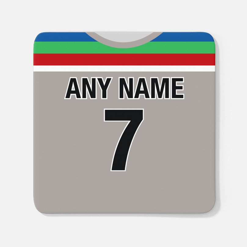 New Zealand Retro Style Home Kit Shirt Inspired Colours for Personalised Football Coaster with optional Mug. Perfect item for the Black Caps fan.
