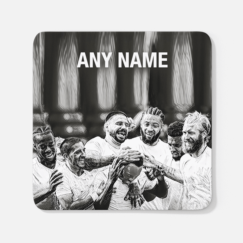 Fulham 2019/2020 Promoted Champions Inspired Colours for Personalised Football Coaster with optional Mug. Perfect item for The Cottagers fan.