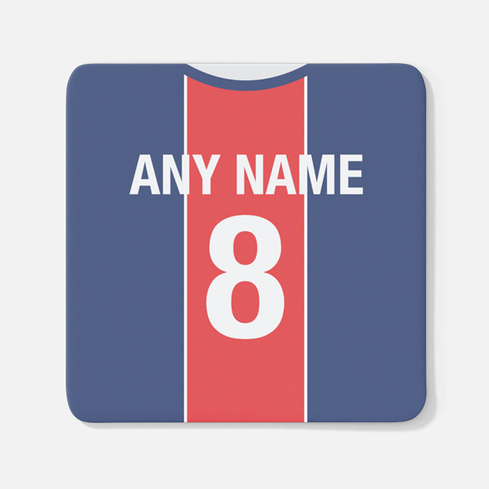 Paris Retro Style Home Kit Shirt Inspired Colours for Personalised Football Coaster with optional Mug. Perfect item for Les Rouge-et-Bleu fan.