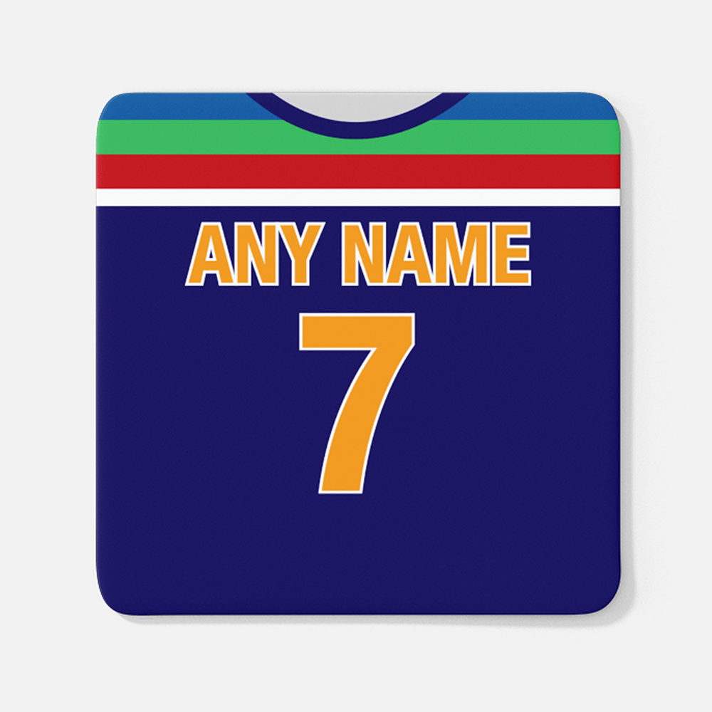 India Retro Style Home Kit Shirt Inspired Colours for Personalised Football Coaster with optional Mug. Perfect item for the Men In Blue fan.