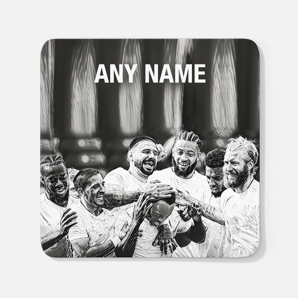 Fulham 2019/2020 Promoted Champions Inspired Colours for Personalised Football Coaster with optional Mug. Perfect item for The Cottagers fan.