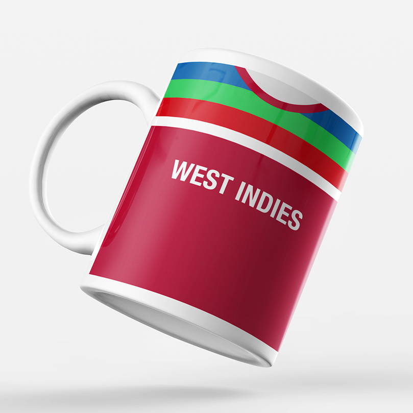 West Indies Retro Style Home Kit Shirt Inspired Colours for Personalised Football Mug with optional Coaster. Perfect item for the Windies fan.