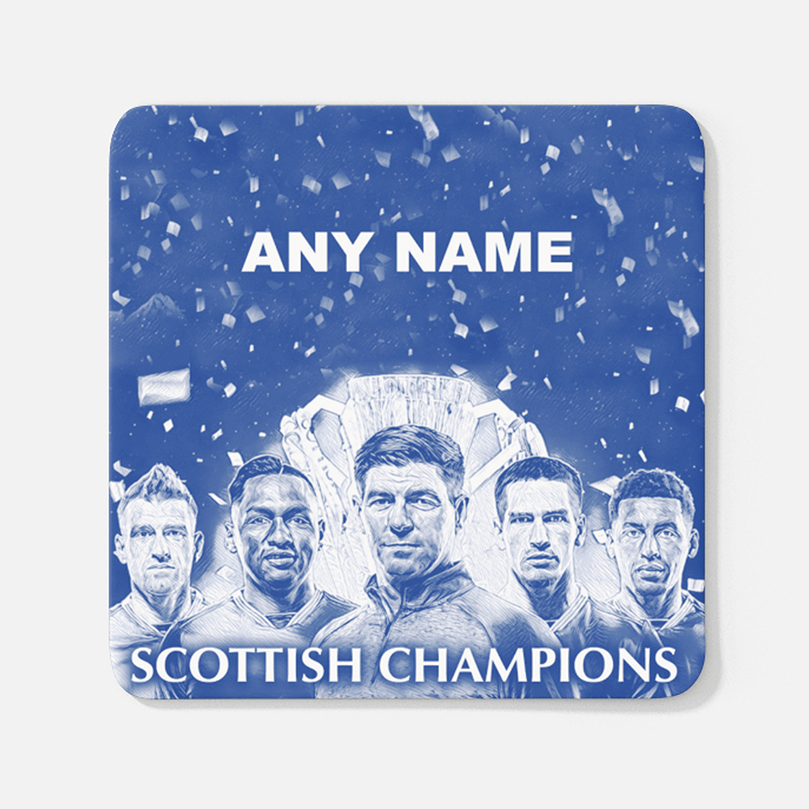 Rangers 2020/2021 Scottish Champions Inspired Personalised Football Coaster with optional Mug. Perfect item for The Teddy Bears fan.