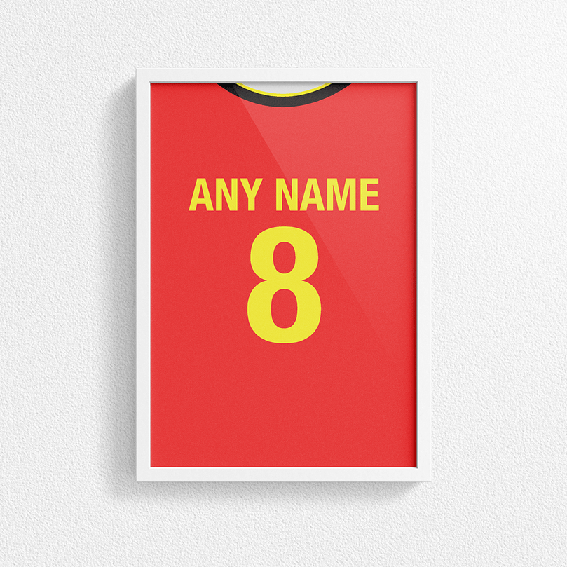 Belgium Retro Home Kit Shirt Inspired Colours for Personalised Football Poster Print. Perfect item for the les Diables Rouges fan.