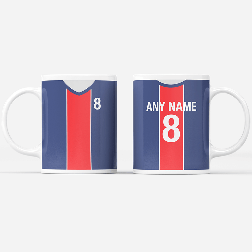 Paris Retro Style Home Kit Shirt Inspired Colours for Personalised Football Mug with optional Coaster. Perfect item for Les Rouge-et-Bleu fan.